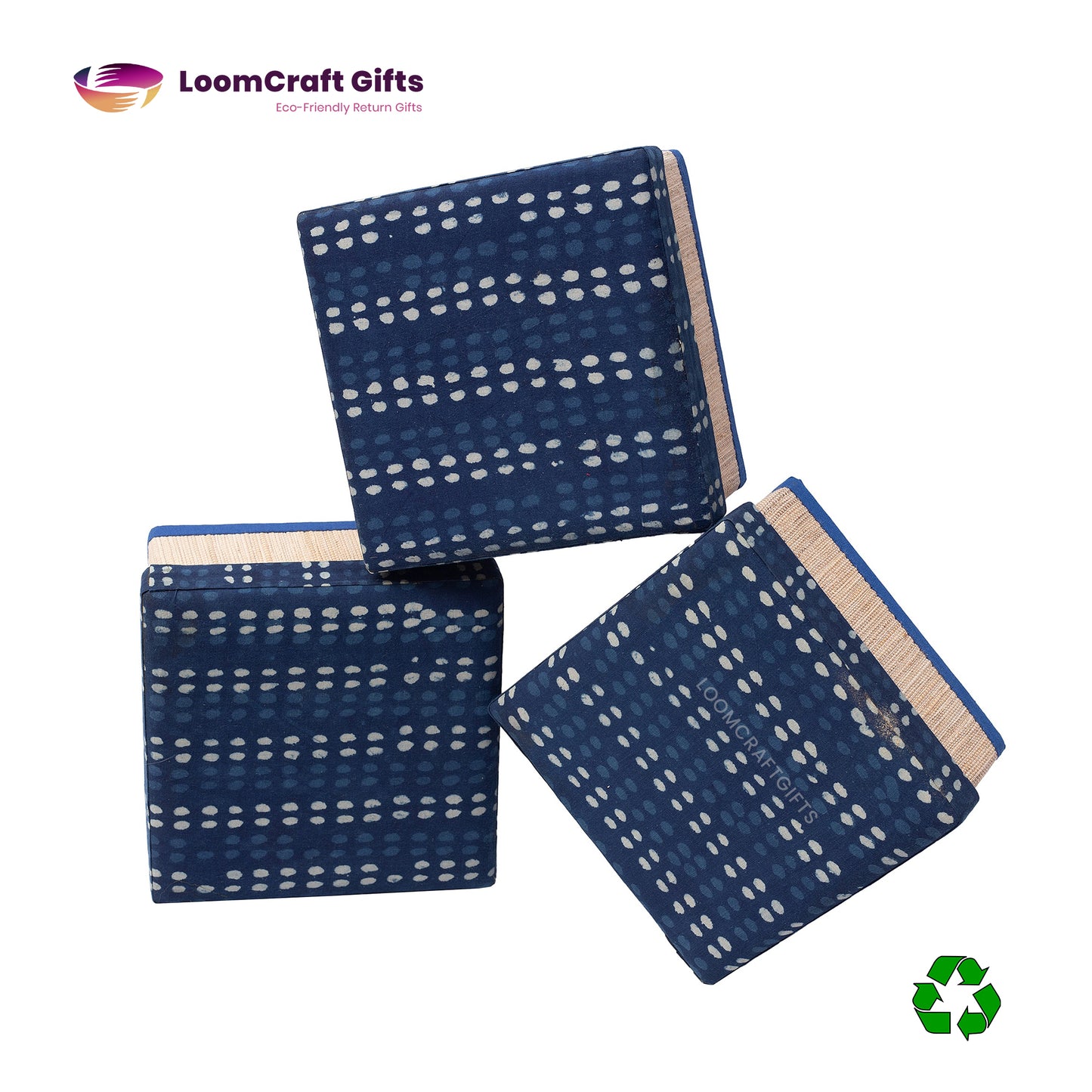 Banana Fiber Indigo Square Gift Box – Assorted Fabric Patterns | Eco-Friendly | 6x6x3 Inches