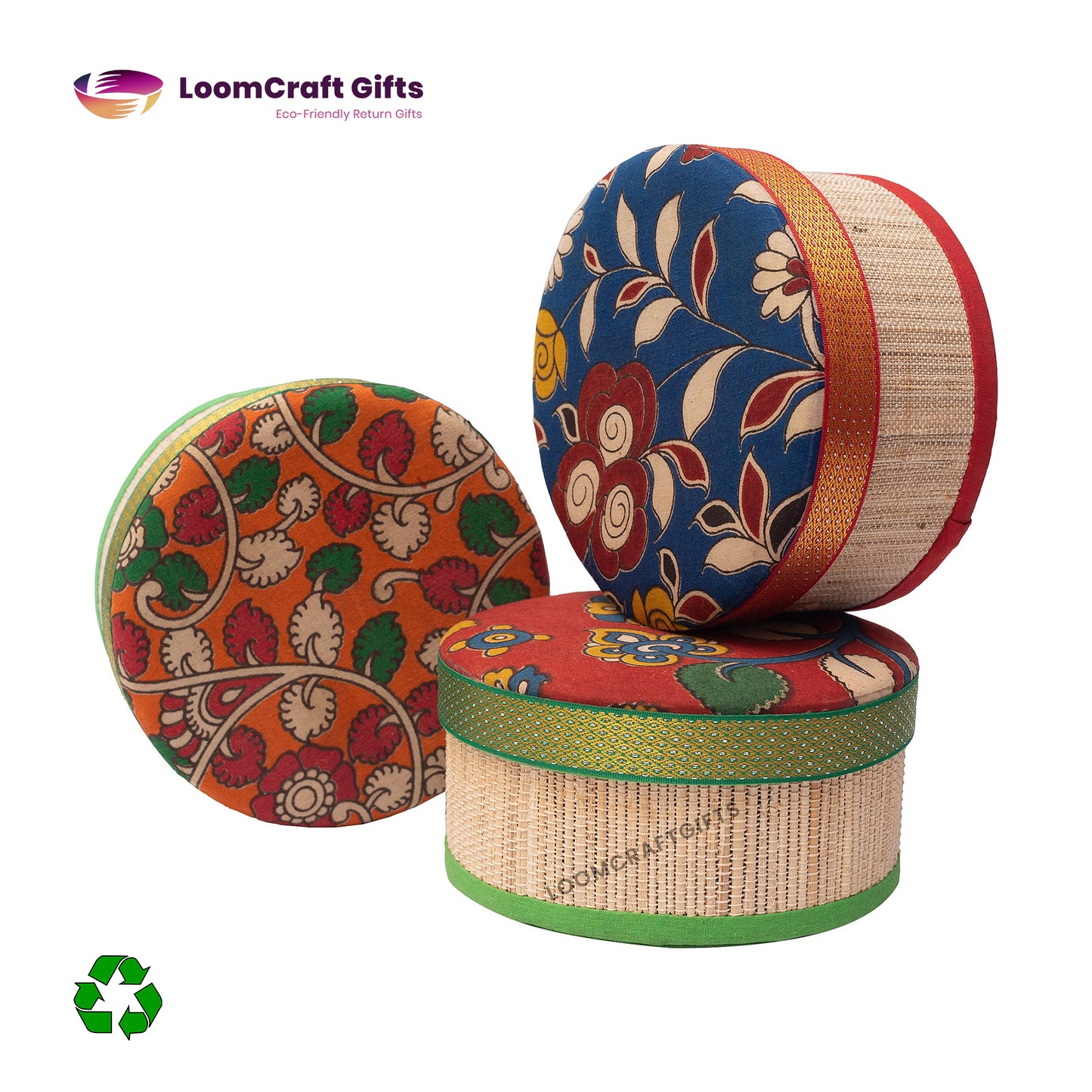 Banana Fiber Kalamkari Round Box – Assorted Colours | Eco-Friendly Handcrafted Box | 6x6x3 Inches