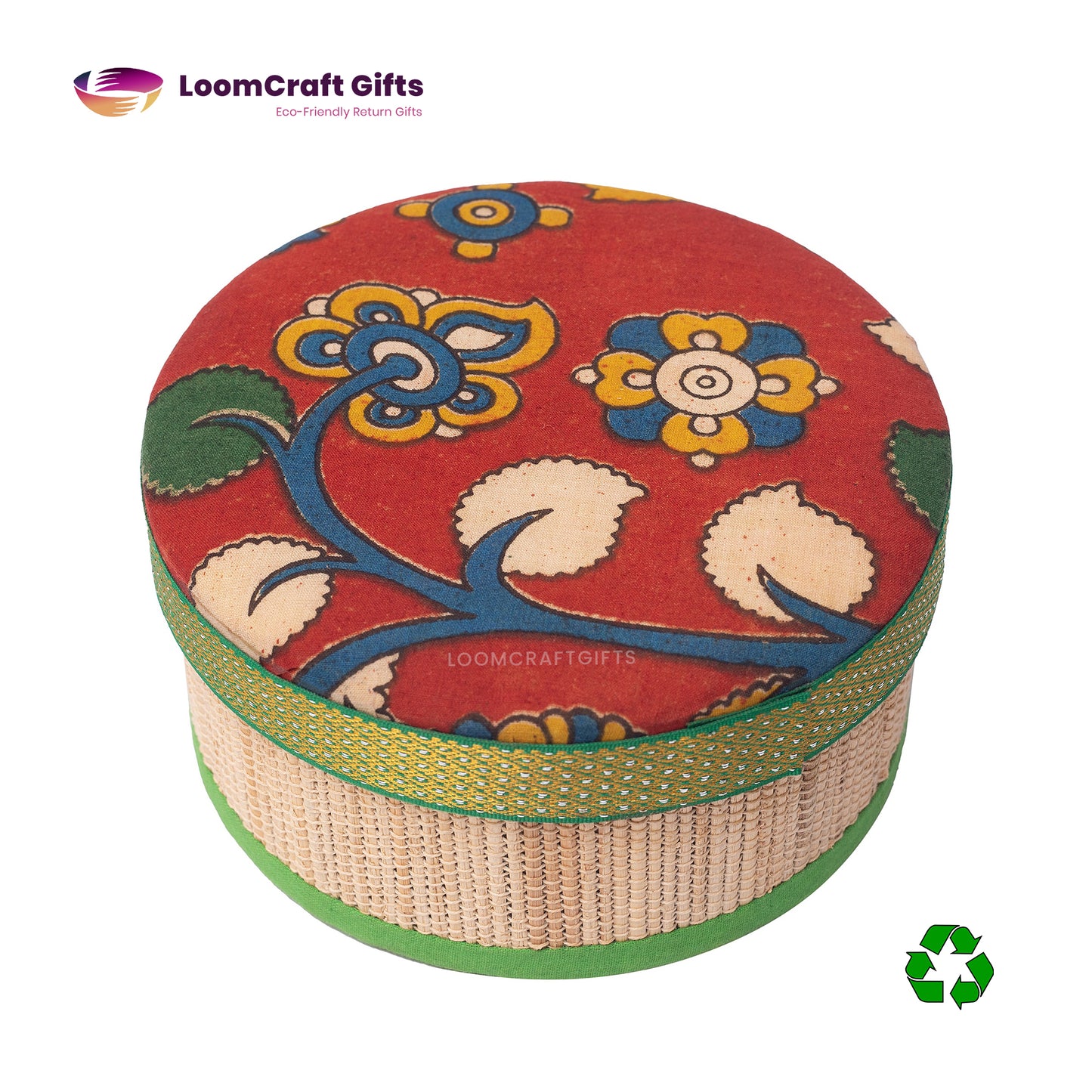 Banana Fiber Kalamkari Round Box – Assorted Colours | Eco-Friendly Handcrafted Box | 6x6x3 Inches