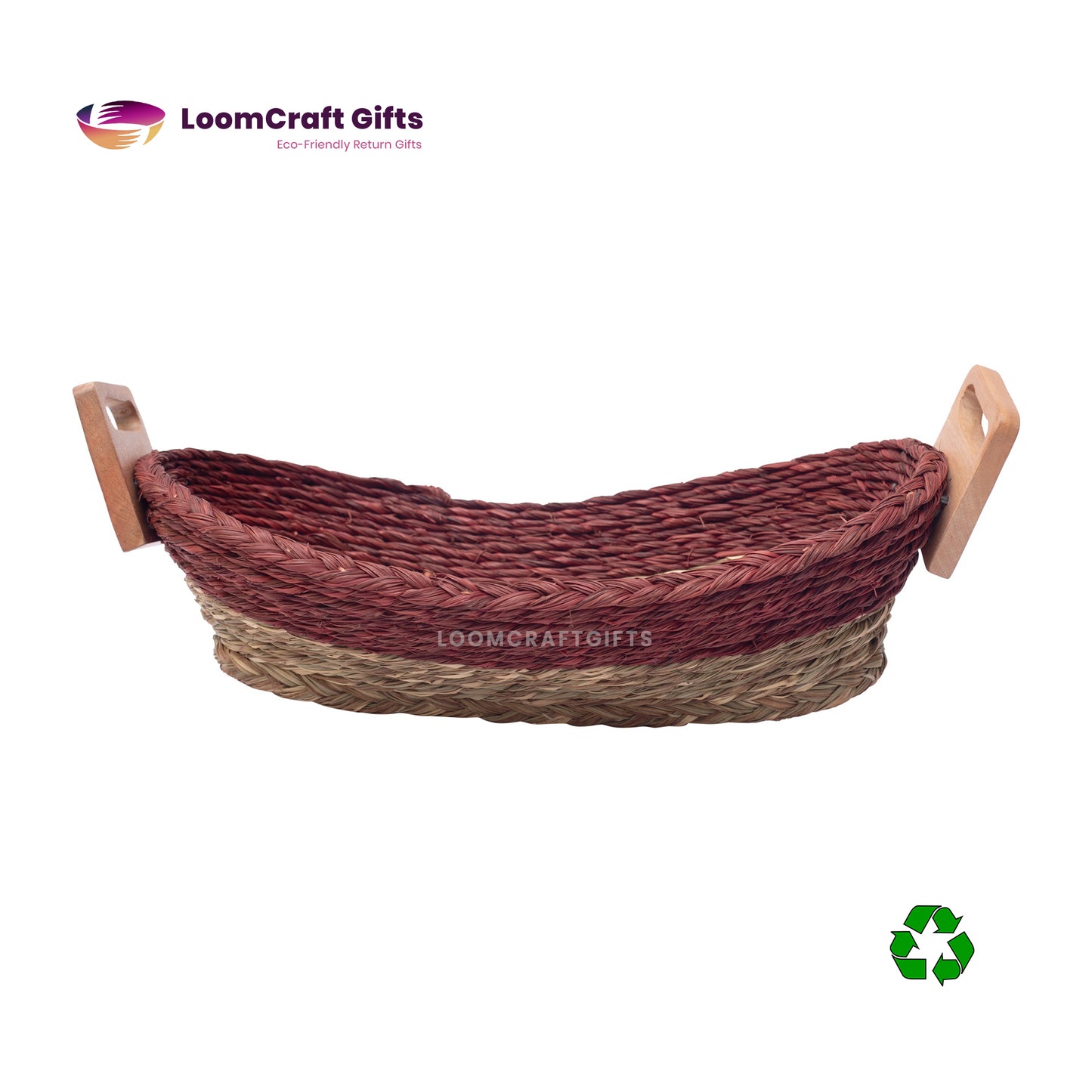 Darbha/Sabai Grass Boat-Shaped Basket with Wooden Handles – Assorted Colours | Eco-Friendly Storage & Decor