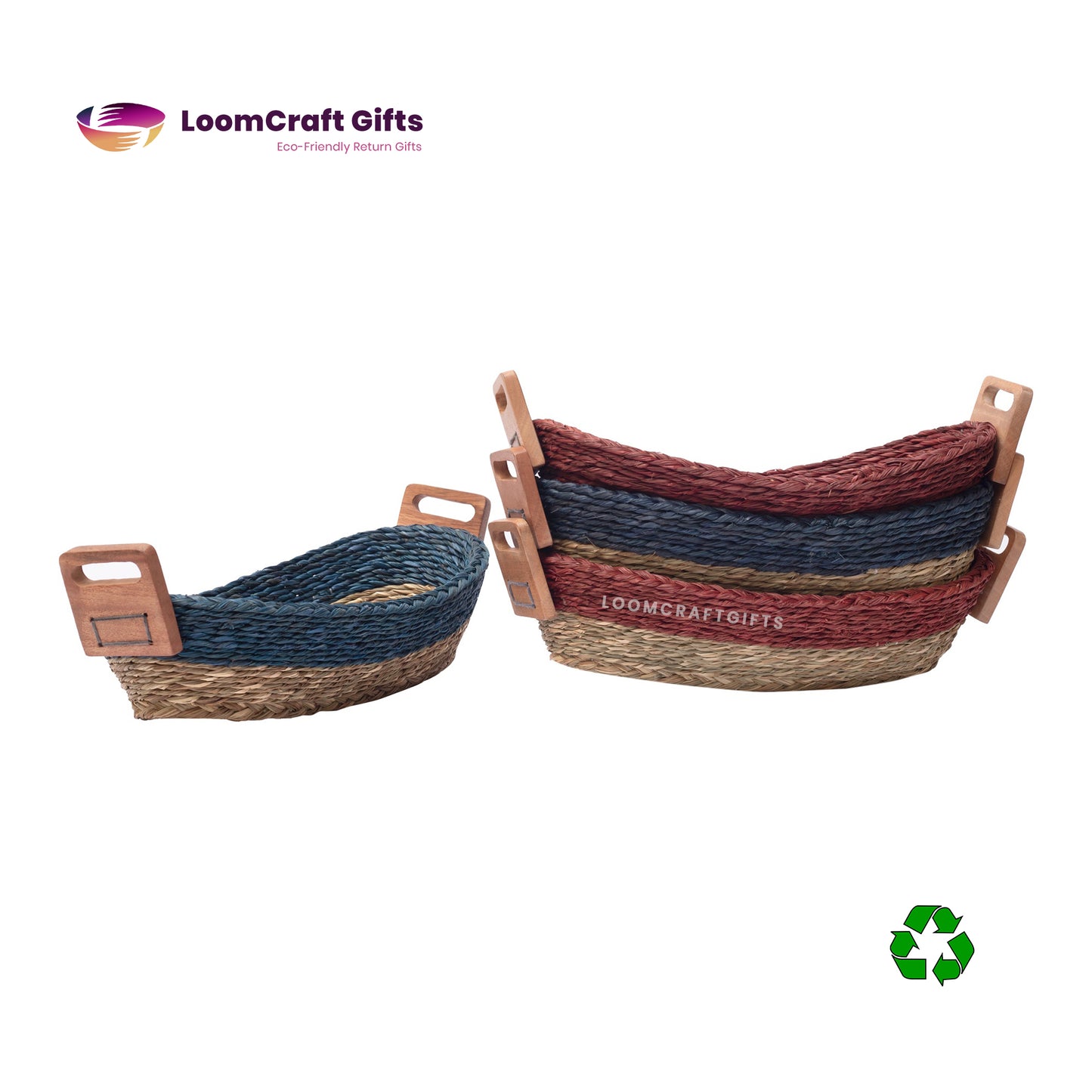 Darbha/Sabai Grass Boat-Shaped Basket with Wooden Handles – Assorted Colours | Eco-Friendly Storage & Decor