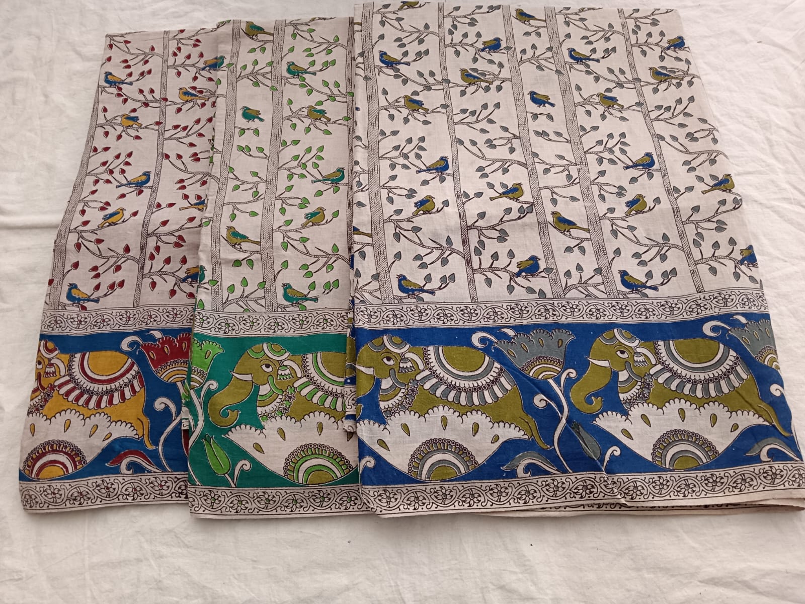 Bird & Tree Handblock Cotton Saree with Elephant Border