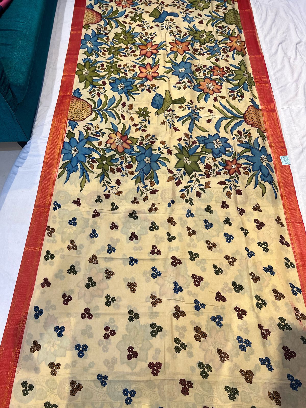 Cream Bangalore Floral Saree with Birds and Red Border