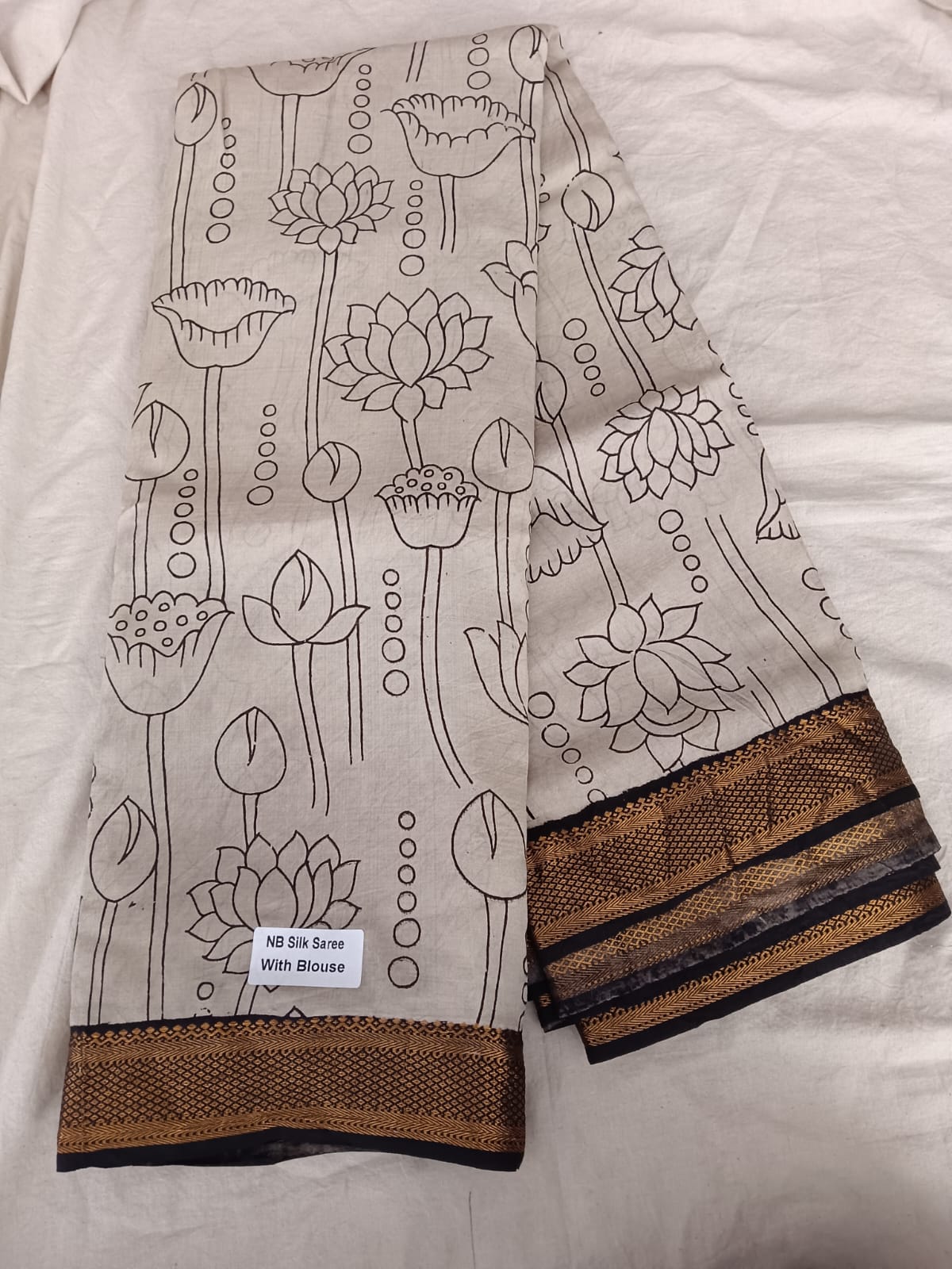 Cream & Black Floral Line Art Saree – NB Silk