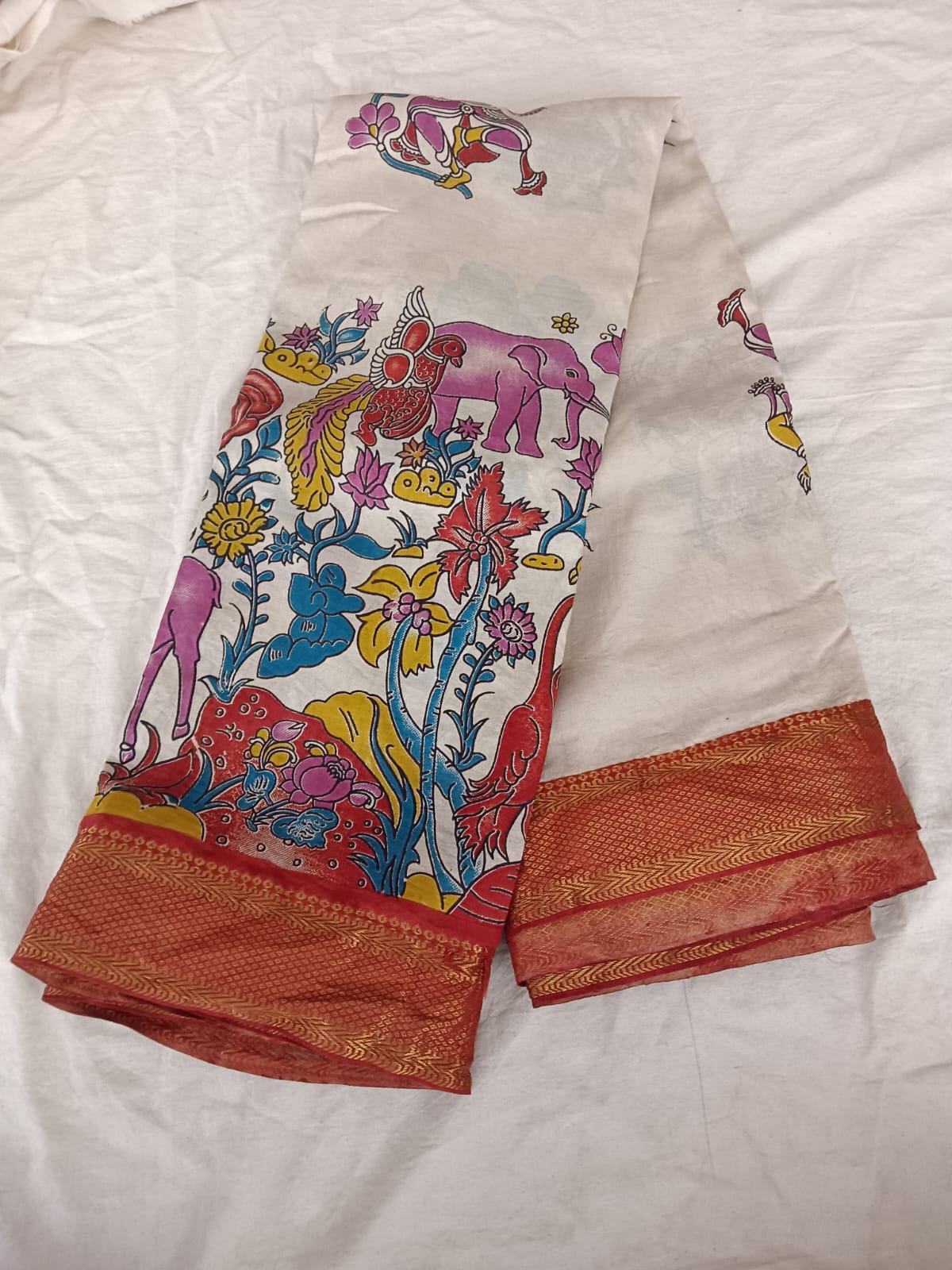 Ethnic Elephant & Floral Print Silk Saree