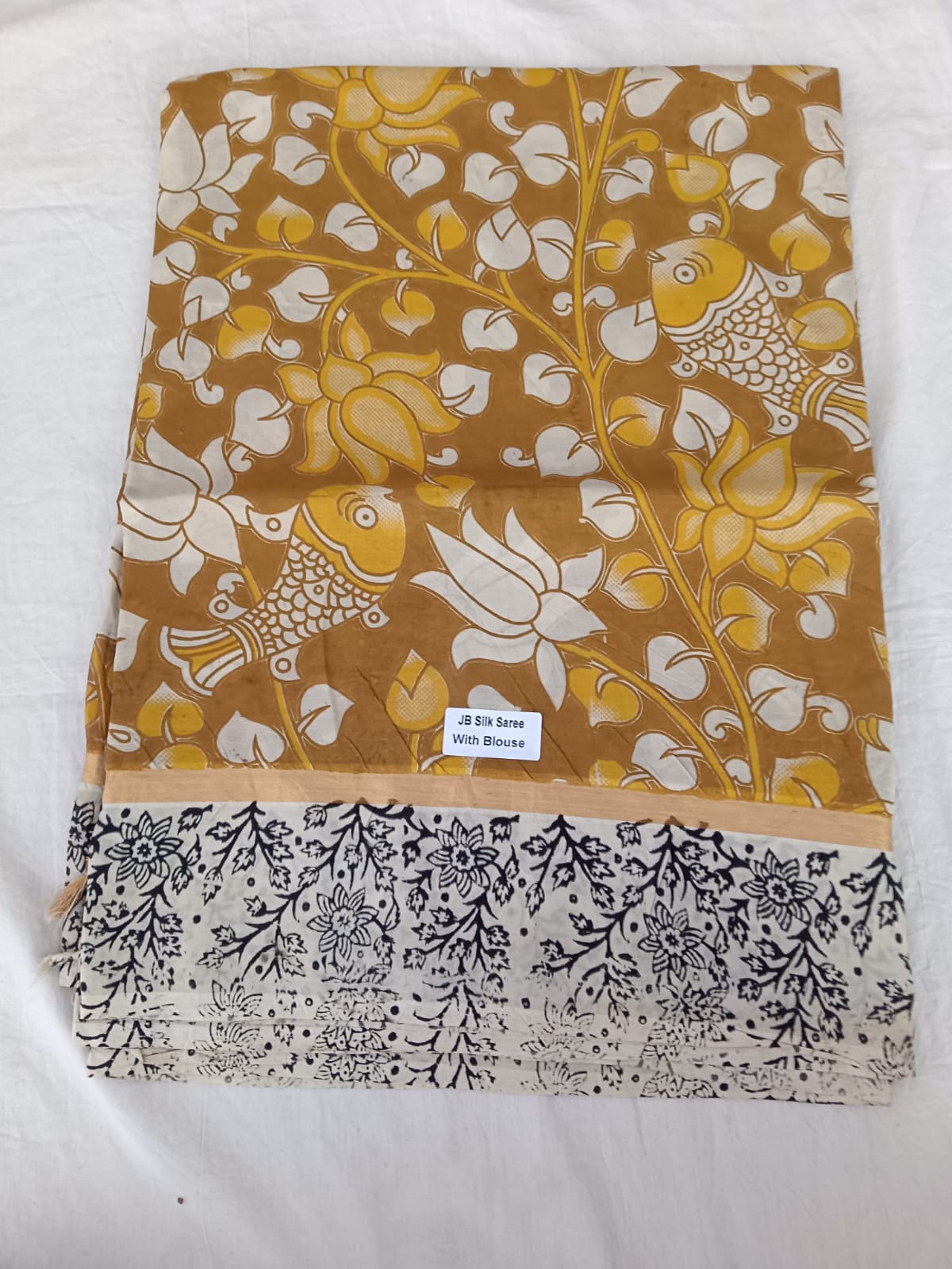 Golden Bloom JB Silk Saree with Lotus-Fish Print & Floral Pallu