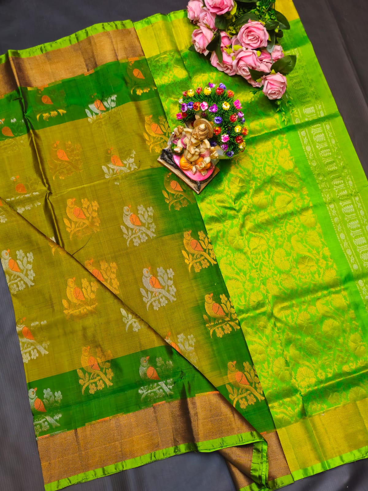 Green-Gold with bird motifs