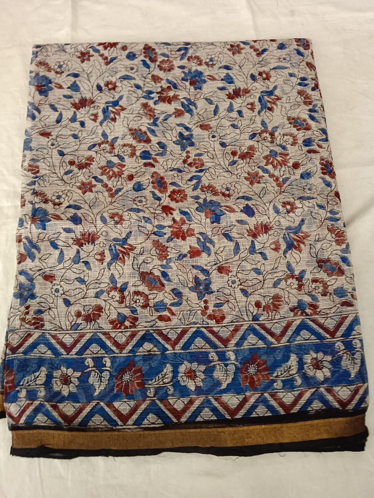 Ivory Bloom Kalamkari in Blue & Maroon
