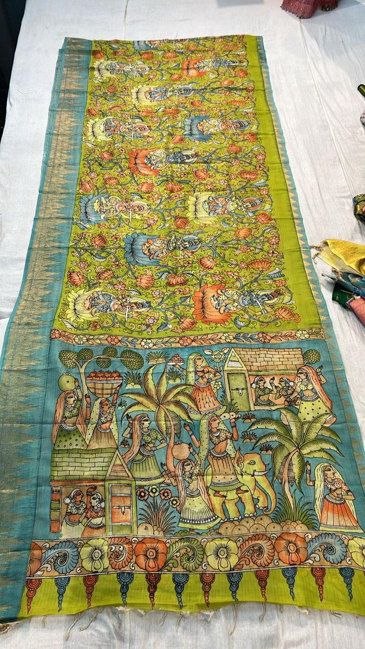 Kalamkari Village Life Pallu Silk Saree