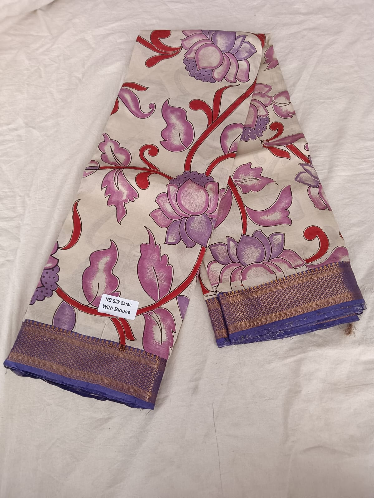 Lavender Lotus Floral on Beige with Purple Zari Border 