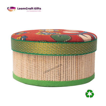 Banana Fiber Kalamkari Round Box – Assorted Colours | Eco-Friendly Handcrafted Box | 6x6x3 Inches