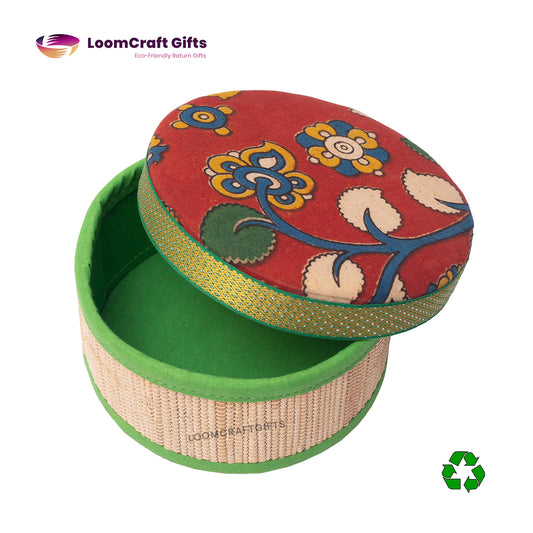 Banana Fiber Kalamkari Round Box – Assorted Colours | Eco-Friendly Handcrafted Box | 6x6x3 Inches