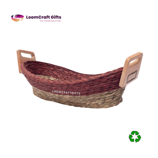 Darbha/Sabai Grass Boat-Shaped Basket with Wooden Handles – Assorted Colours | Eco-Friendly Storage & Decor