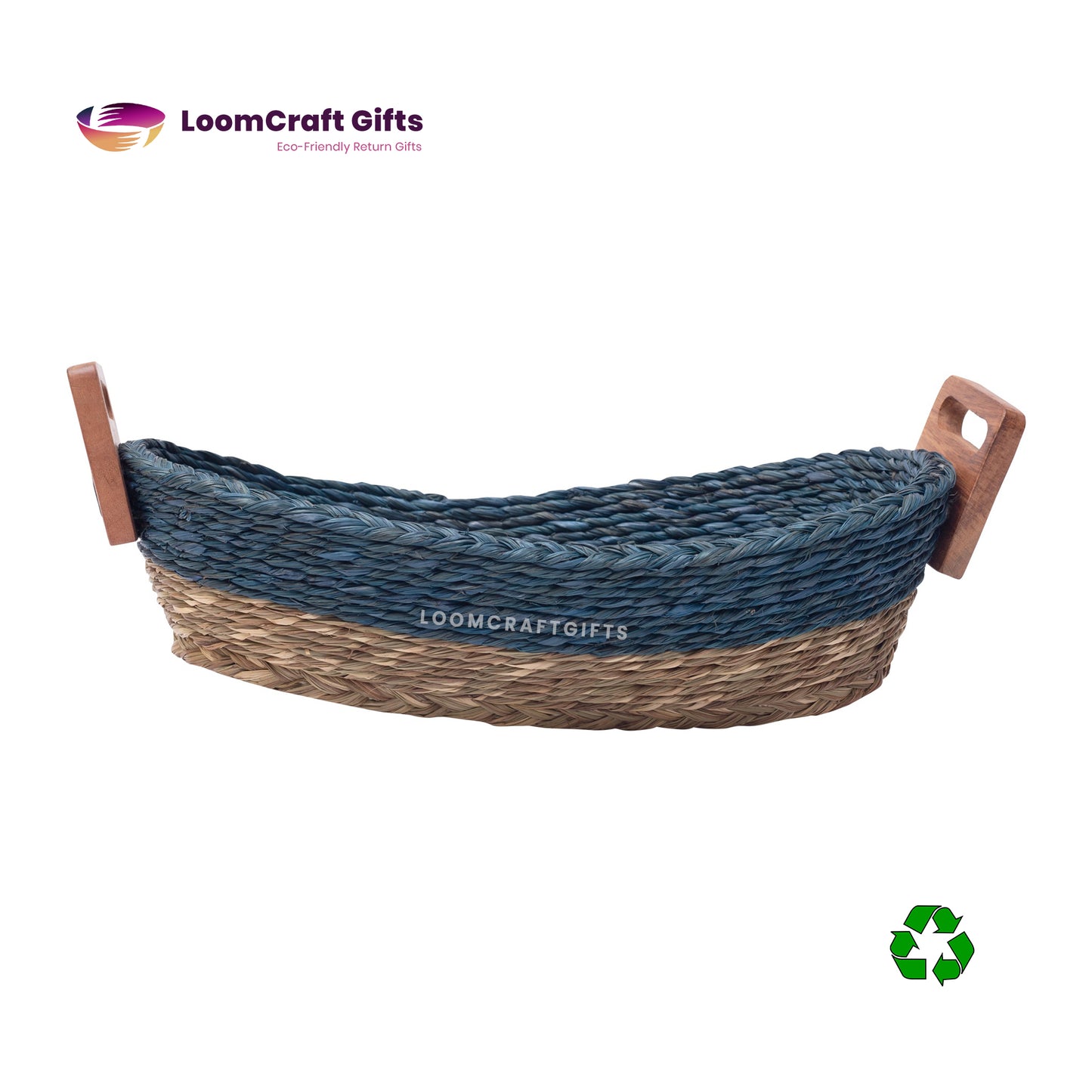 Darbha/Sabai Grass Boat-Shaped Basket with Wooden Handles – Assorted Colours | Eco-Friendly Storage & Decor