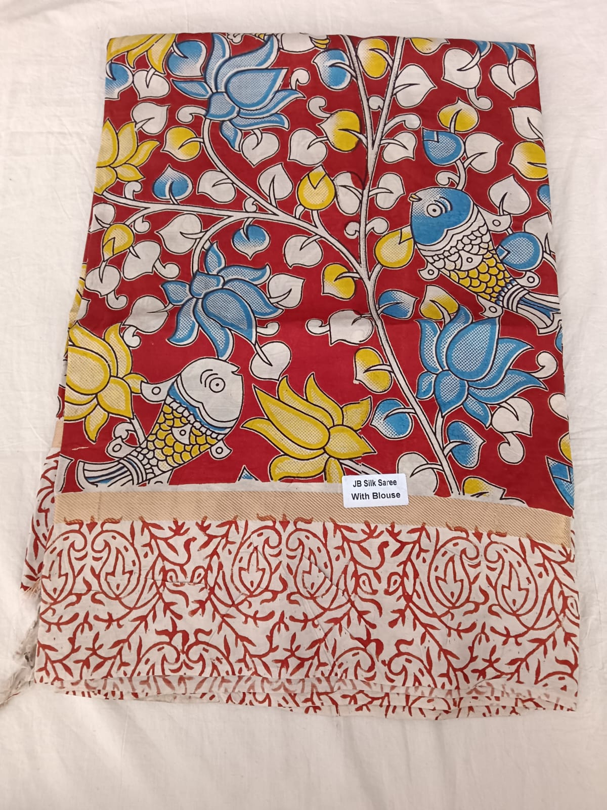 Madhubani Lotus Aqua Red Silk Saree