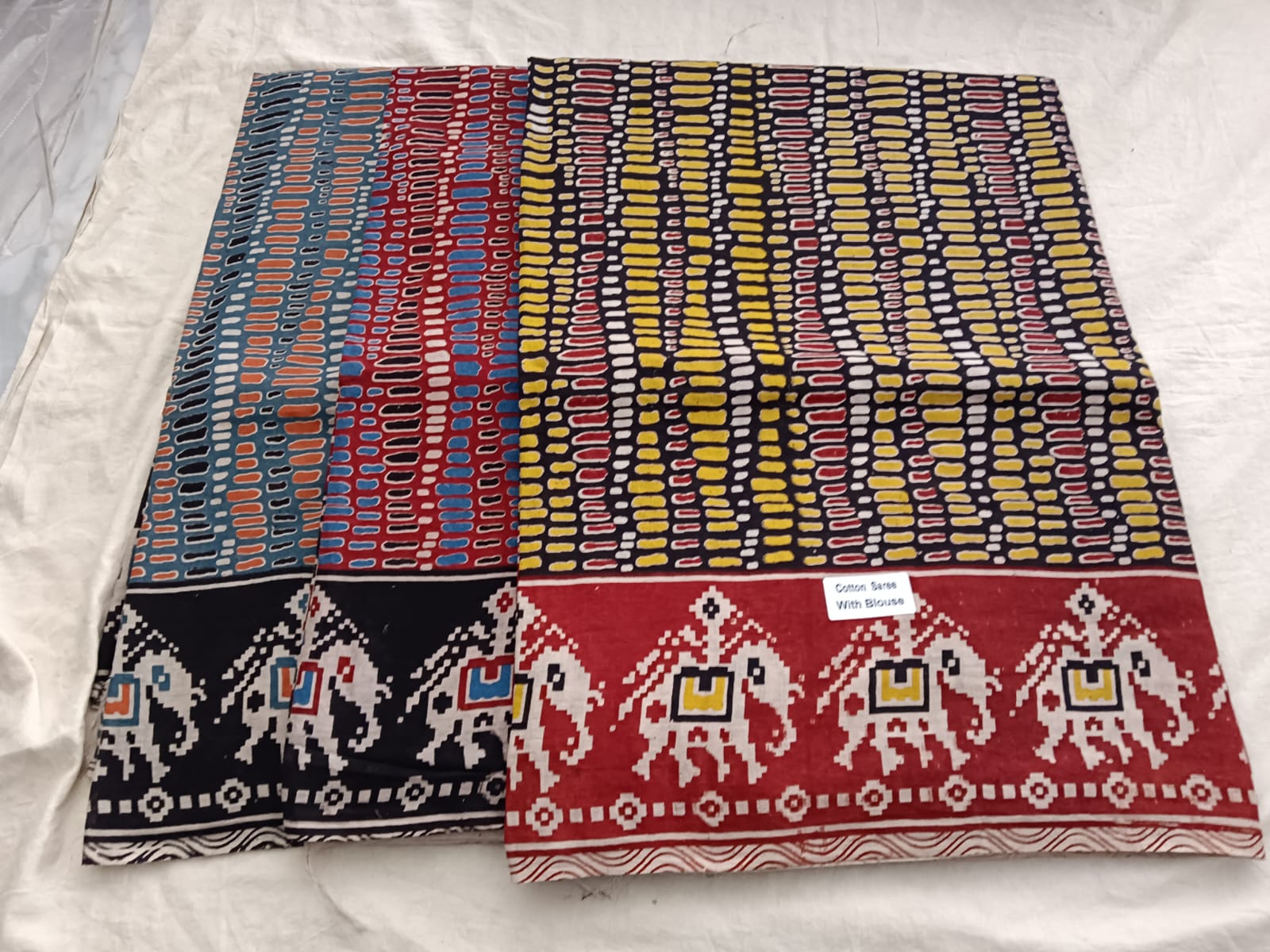 Multicolor Abstract Pattern Cotton Saree – Elephant Motif Border