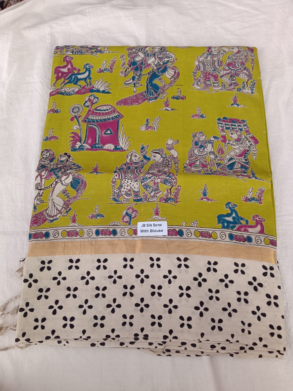 "Mythic Tales JB Silk Saree – Lime Green Madhubani Art Inspired