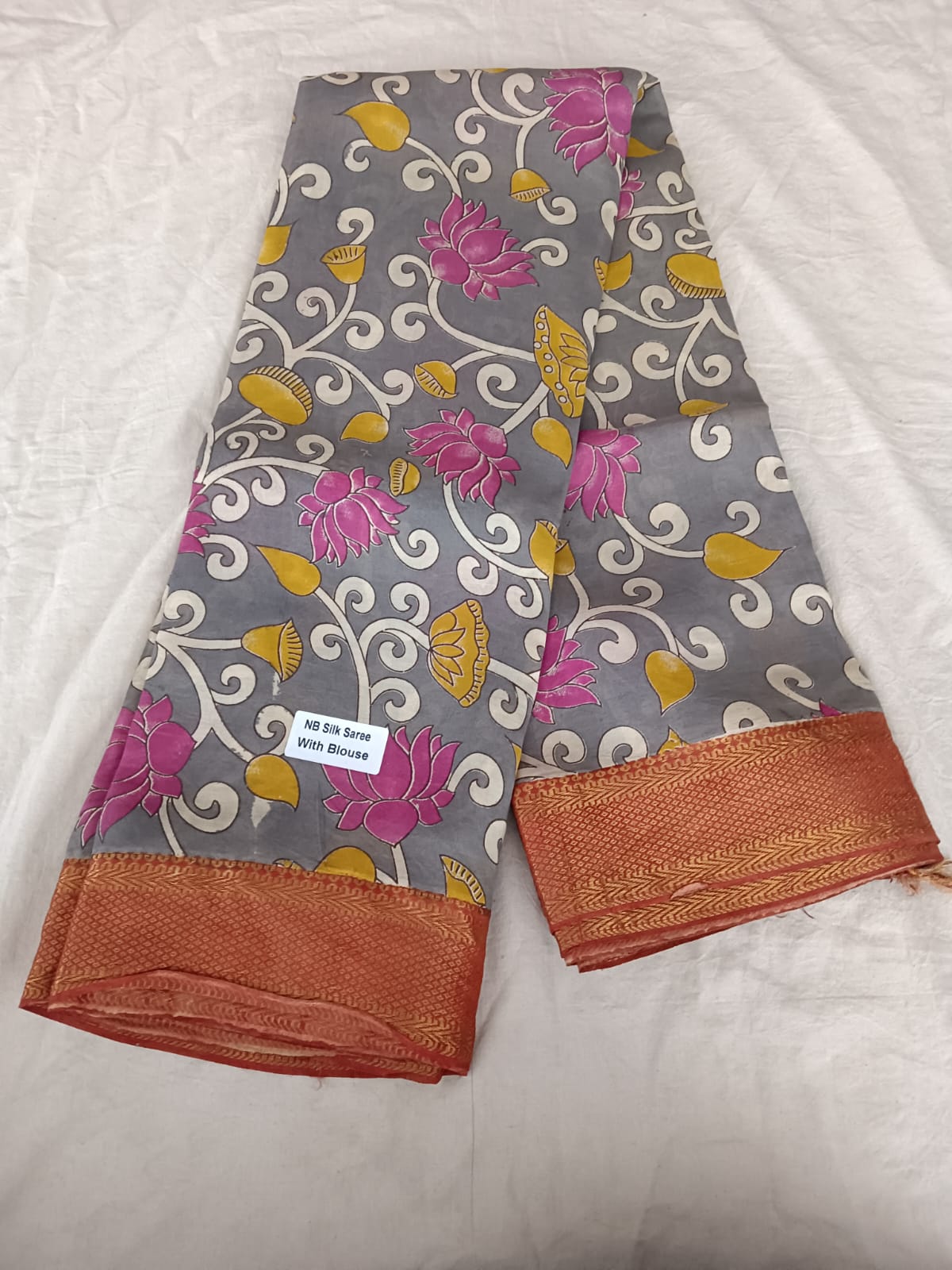 NB Silk Saree – Grey with Pink Lotus & Zari Border