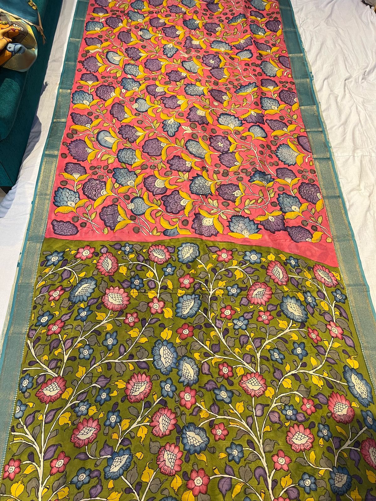 Pink-Green Dual Tone Bangalore Floral Saree