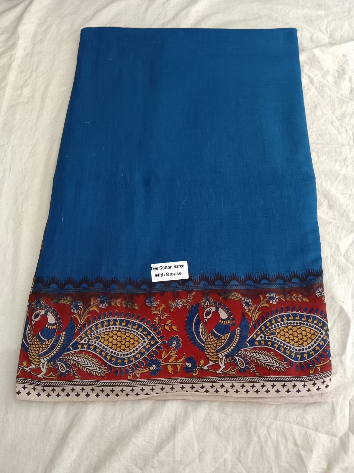 Royal Blue Peacock Kalamkari Cotton Saree