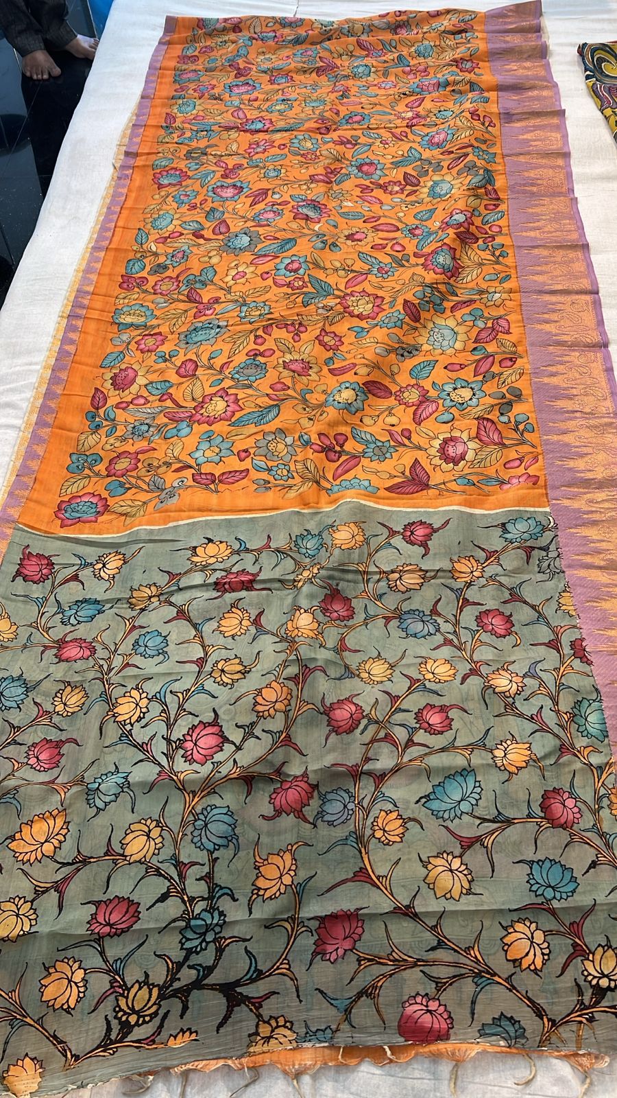 Sunset Bloom Bangalore Silk Saree with Vintage Kalamkari Vines