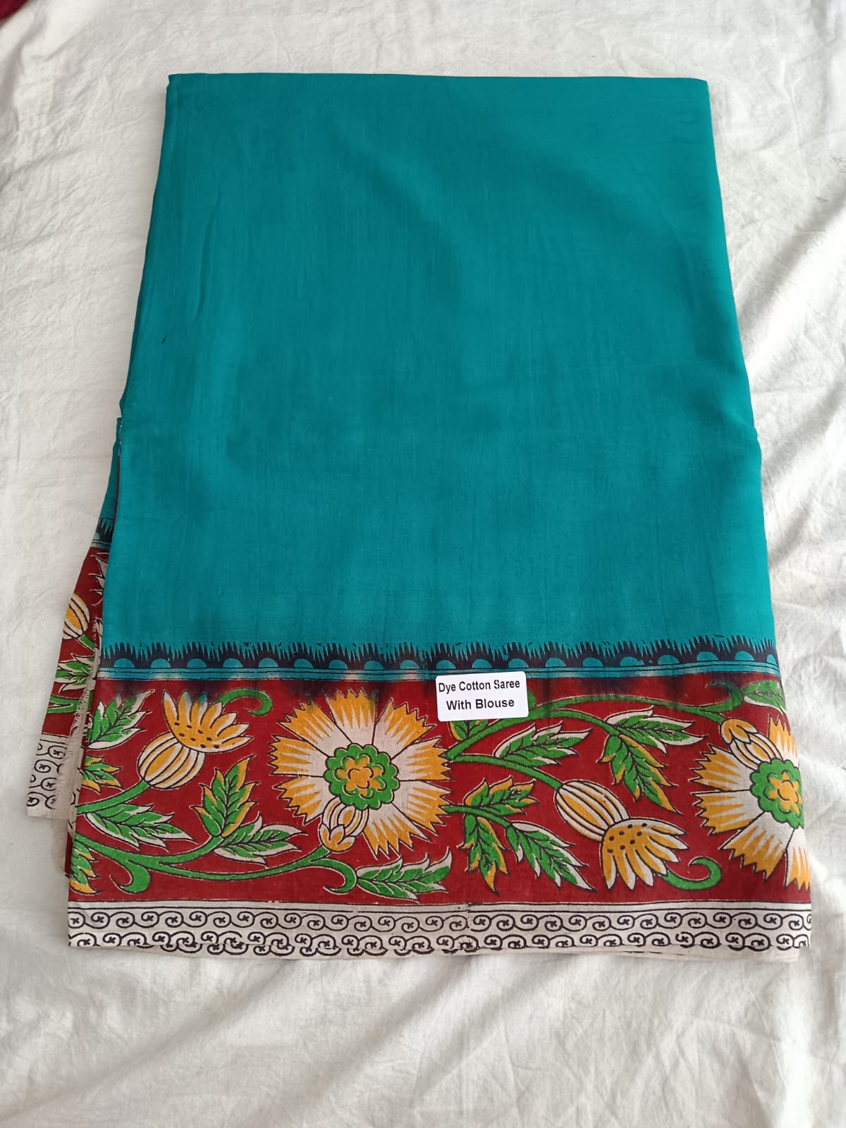Teal & Red Floral Border Cotton Saree.