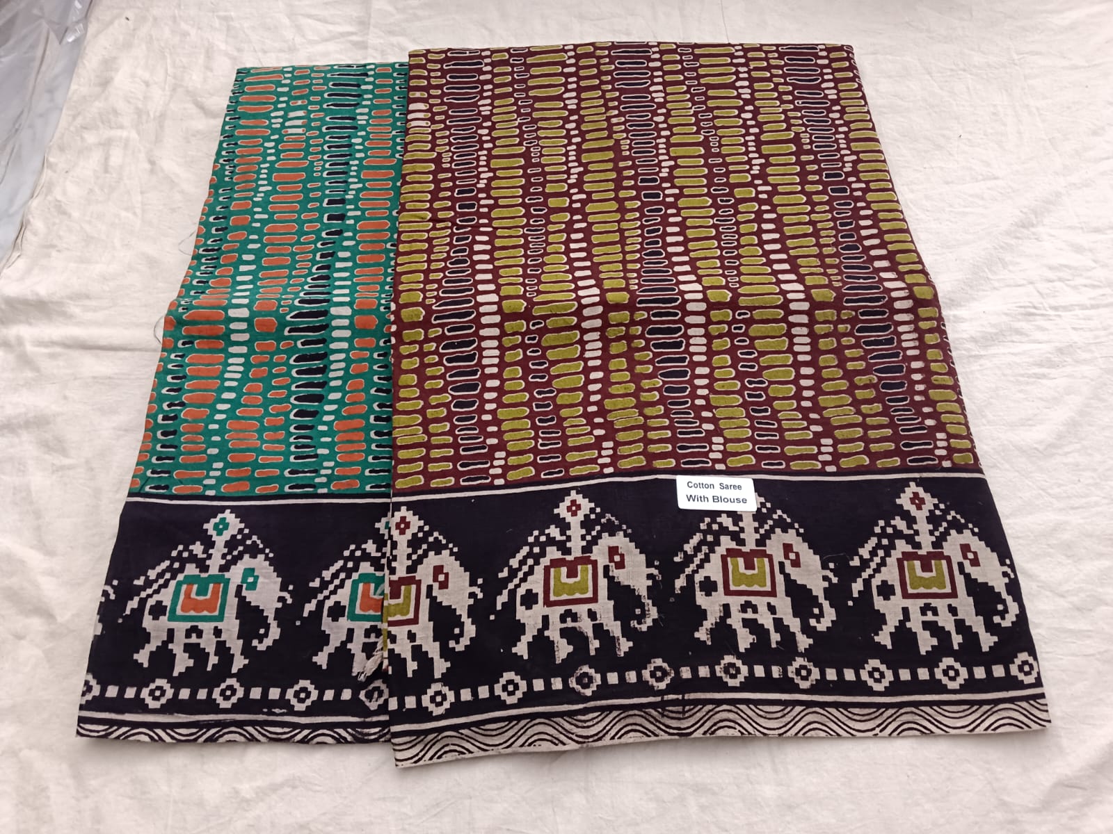 Tribal Dots & Elephant Border Cotton Saree