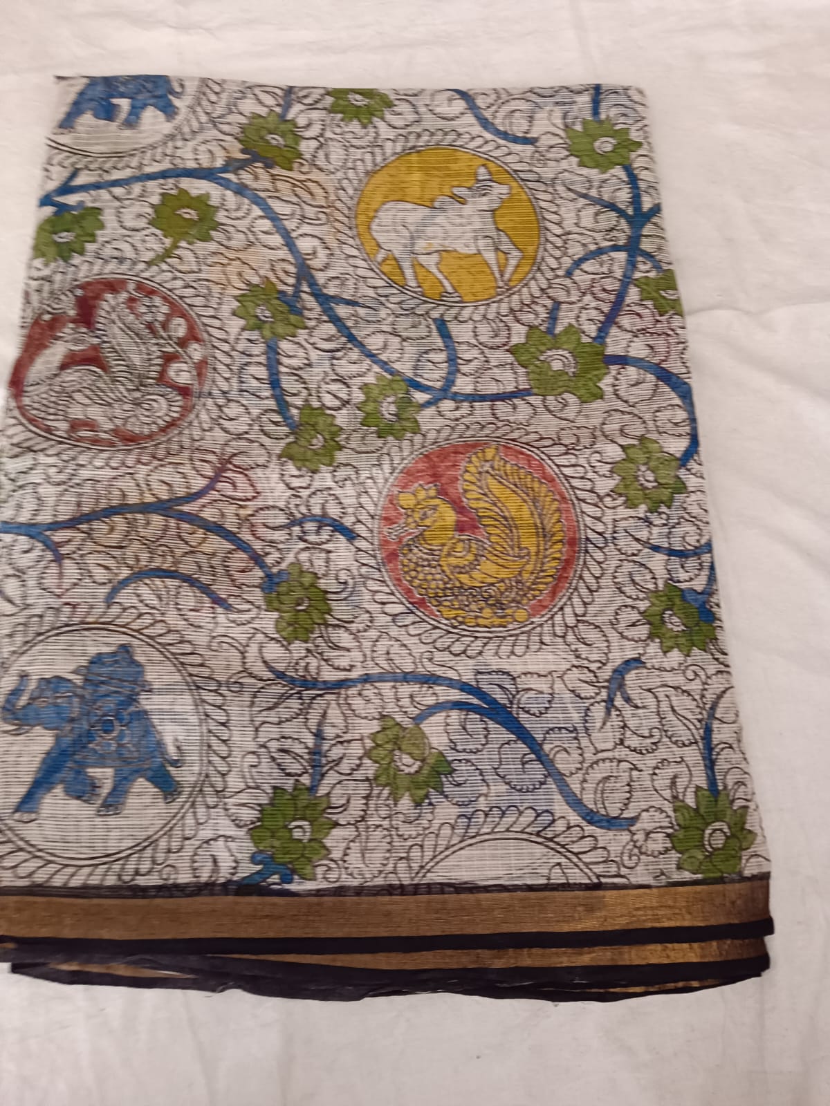 Vanajeevana ChitraVastra – Handloom Cotton Saree with Animal Motifs & Zari Border