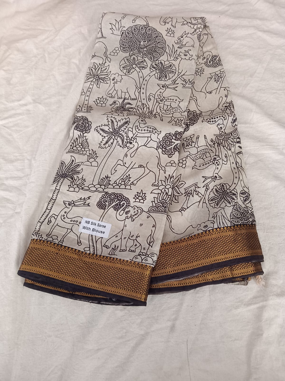 Wildlife Print Silk Saree with Gold Border